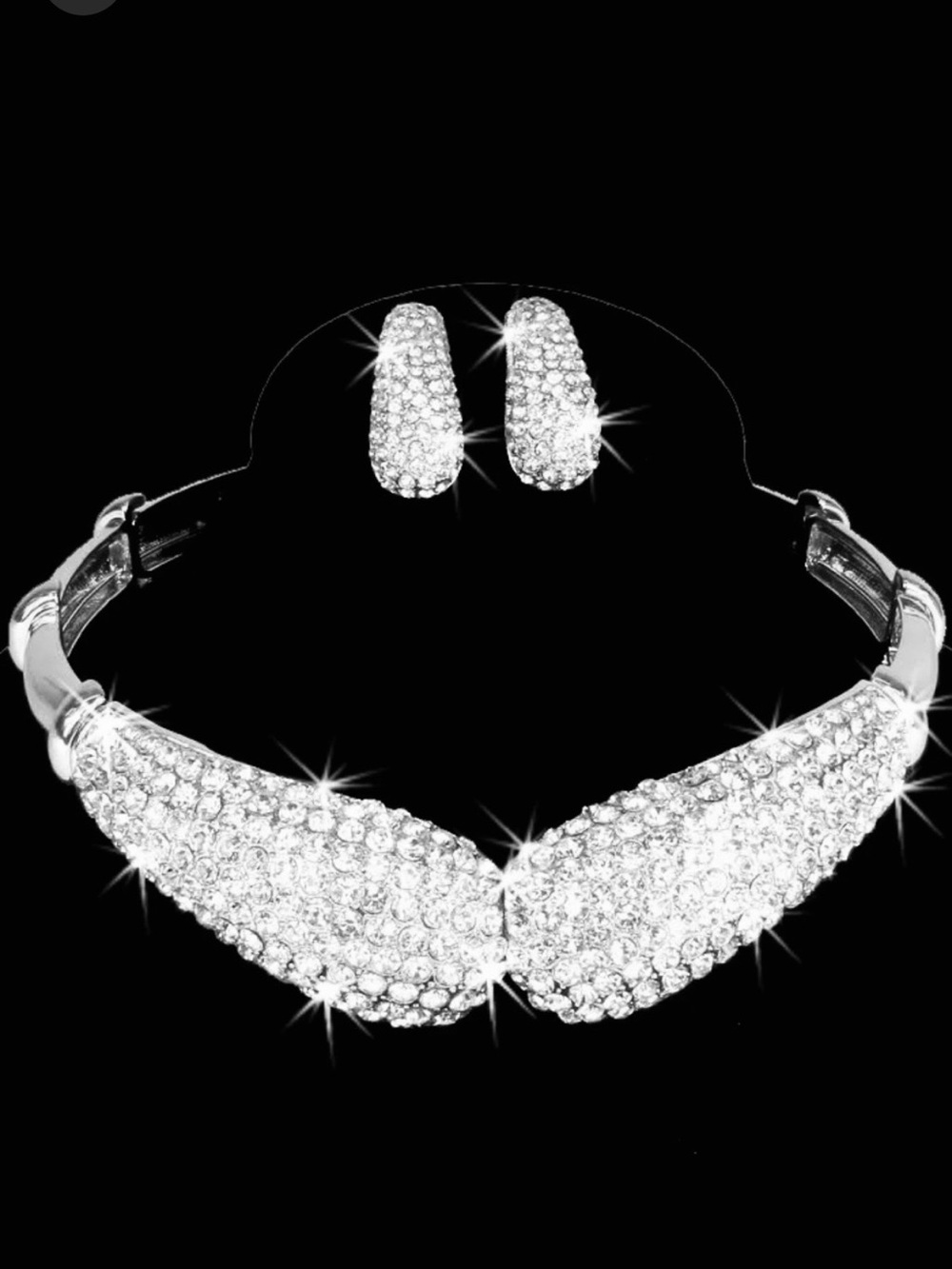 Pave Crystal rhinestone CZ BLING Statement choker Necklace Earring Set Silver